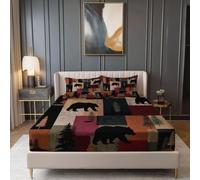 Sábana Bajera Ajustable 180 x 200 cm - Estilo Cabaña Rústica Moderna Pinos Silueta Suave - Juego de Cama con 2 Fundas de Almohada Esquinas Profundas 30 cm Sin Arrugas Plancha Multicolor