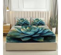 Sábana Bajera Ajustable 180 x 200 cm, patrón Planta Cactus Agave, de Microfibra 100 % cepillada Suave Transpirable elástica y antipeeling para colchones de hasta 30 cm, Verde