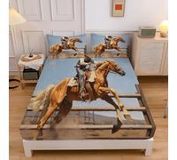 Sábana Bajera Ajustable 180x200cm Paisaje Oeste Americano,Microfibra Lavable Cubre Colchon,Montar Caballo Vaquero Transpirable Bed Sheets 30cm Profundidad Sabanas Cama 180 Mattress Protector,Marrón