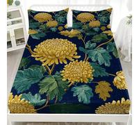 Sabana Bajera Ajustable 200x200x30cm Elástico en el Borde Bolsillo de 30cm Azul Oscuro Sabana Ajustable Tacto Suave Transpirable Cepillada y 2 Funda de Almohada 50x75, Arte del Crisantemo Dorado