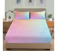 Sabana Bajera Ajustable 200x200x30cm Elástico en el Borde Bolsillo de 30cm CorazóN de Amor Pintada a Mano Sabana Ajustable Tacto Suave Cepillada y 2 Funda de Almohada, Colores del Arco Iris