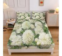 Sábana Bajera Ajustable 3 Piezas 105x190cm, Estampado Crisantemo Flores Juegos de Cama, Campo Flores Microfibra Transpirable 30 cm de Profundidad con 2 Fundas de Almohada, Blanco