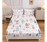 Sábana Bajera Ajustable 3 Piezas 135x190cm, Estampado Bosque Plantas Juegos de Cama, Campo Plantas Microfibra Transpirable 30 cm de Profundidad con 2 Fundas de Almohada, Blanco