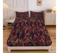 Sábana Bajera Ajustable 3 Piezas 150x200cm, Estampado Retro Flores Pétalos Juegos de Cama, Campo Flores Microfibra Transpirable 30 cm de Profundidad con 2 Fundas de Almohada, Rojo Burdeos