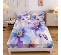 Sábana Bajera Ajustable 3 Piezas 150x200cm, Estampado Romance Pétalos Juegos de Cama, Campo Flores Floral Microfibra Transpirable 30 cm de Profundidad con 2 Fundas de Almohada, Púrpura