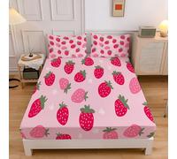Sábana Bajera Ajustable 3 Piezas 180x200cm, Estampado Fresa Dibujos Animados Juegos de Cama, Niños Ilustración Microfibra Transpirable 30 cm de Profundidad con 2 Fundas de Almohada, Rosa