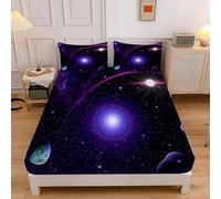 Sábana Bajera Ajustable 3 Piezas 180x200cm, Estampado Planeta Halo Juegos de Cama, Universo Meteorito Microfibra Transpirable 30 cm de Profundidad con 2 Fundas de Almohada, Azul Oscuro
