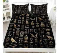 Sabana Bajera Ajustable 90x190x30cm Elástico en el Borde Bolsillo de 30cm JeroglíFicos del Antiguo Egipto Sabana Ajustable Tacto Suave Transpirable Cepillada y 2 Funda de Almohada, Negro Y Dorado