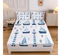 Sábana Bajera Ajustable Colchones Cama 105, Transpirable Suave Cómoda Tela, Poliéster, Estampado Grafiti Náutico Velero Faro,105x190cm, Protector de Colchón, Borde Bolsillo Profundo 30cm