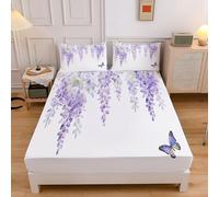Sábana Bajera Ajustable Colchones Cama 180, Transpirable Suave Cómoda Tela, Poliéster, Estampado Acuarela Flores Flores Glicina Mariposas,180x200cm, Protector de Colchón, Borde Bolsillo Profundo 30cm