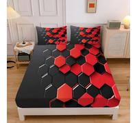 Sábana Bajera Ajustable Colchones Cama 90, Transpirable Suave Cómoda Tela, Poliéster, Estampado Geometría Hexágono Rojo,90x190cm, Protector de Colchón, Borde Bolsillo Profundo 30cm