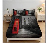 Sábana Bajera Ajustable Colchones Decorativa, Paisaje Urbano Cabina Telefónica Big Ben Impresión Suave Transpirable Tela, Elástico en el Borde Bolsillo Profundo 30cm,Gris Oscuro,180x200cm