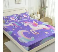 Sábana Bajera Ajustable Colchones, Púrpura Suave Cómoda Transpirable Microfibra Tela - Dibujos Animados Lindo Unicornio Nubes Imprimir - Elástico en el Borde Bolsillo Profundo 30cm 150 × 200 cm