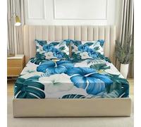 Sábana Bajera Ajustable Colchones, Vistoso Suave Cómoda Transpirable Microfibra Tela - Pintado Monstera Deliciosa Hibisco Imprimir - Elástico en el Borde Bolsillo Profundo 30cm 180 × 200 cm