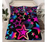 Sábana bajera ajustable colorida con estrellas de neón, juego de ropa de cama con diseño de estrellas de dibujos animados hippie para niños, adolescentes y adultos, sábana decorativa de corazones