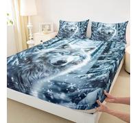 Sábana bajera ajustable con diseño de animales salvajes, tamaño doble, colección Winter Snow View, ropa de cama de lobo, bolsillo profundo para niños, adolescentes y jóvenes, con 2 fundas de almohada
