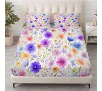 Sábana bajera ajustable con diseño de flores de acuarela, 160 x 200 cm, de microfibra con 30 cm de altura, antibacteriana e hipoalergénica con goma en todo el contorno, funda de colchón con somier