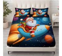 Sábana bajera ajustable con diseño de Papá Noel, 90 x 200 cm, microfibra con altura de 30 cm, antibacteriana e hipoalergénica con goma en todo el contorno, funda de colchón con somier, cohete espacial