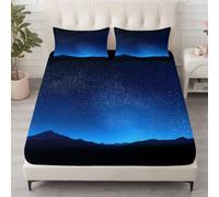 Sábana bajera ajustable de 140 x 200 cm, romántica, con diseño de cielo estrellado, microfibra suave, color azul de la Vía Láctea y luz de estrellas, sábana bajera para cama con somier y colchones de