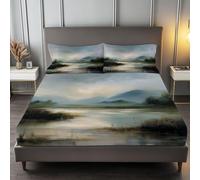 Sábana bajera ajustable de 180 x 200 cm, diseño de paisajes, montañas y ríos, color gris azulado