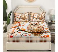 Sábana bajera ajustable de búho de acuarela tamaño S, dibujos animados lindo animal vintage a cuadros protector de colchón, caso hojas de arce natural rústico elástico profundo bolsillo infantil funda