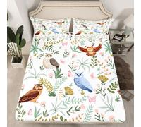 Sábana bajera ajustable de búho de dibujos animados, tamaño L, animal salvaje lindo azul marrón búho funda de colchón con 1 funda de almohada, Kawaii rosa mariposa floral hojas sábanas para