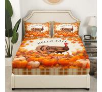 Sábana bajera ajustable de calabaza de otoño tamaño M, Happy Thanksgiving Turquía impresión funda de colchón para 1 funda de almohada, hojas de arce rústica granja a cuadros profundo funda nórdica