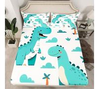 Sábana bajera ajustable de dinosaurio azul, tamaño S, lindo dinosaurio dibujos animados animal salvaje funda de colchón para dormitorio, estilo kawaii, nubes blancas, funda de edredón de poliéster con