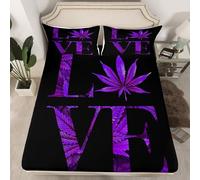 Sábana bajera ajustable de hojas de marihuana, tamaño S, color morado, hojas de cannabis y plantas, protector de colchón con 1 funda de almohada, Love Theme Botanical Vintage Negro Elastic Deep Pocket