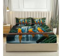 Sábana Bajera Ajustable de Microfibra con Estampado Tropical Loro del Bosque, Suave y Transpirable, Apta para Colchones de hasta 30 cm de Altura para Cama Individual (90 x 190 cm, Verde)