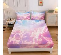 Sábana Bajera Ajustable de Microfibra Estampado Cielo Caramelo, 30cm Altura, Sabanas Suave Nubes Ensueño Transpirable, Rosa Protector de Colchón con Banda Elástica, 150x200cm