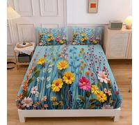 Sábana Bajera Ajustable de Microfibra Estampado Flores Silvestres, 30cm Altura, Sabanas Suave Macizos Flores Plantas Flores Transpirable, Azul Protector de Colchón con Banda Elástica, 150x200cm