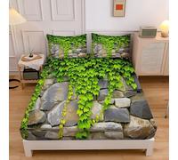 Sábana Bajera Ajustable de Microfibra Estampado Muro Piedra Hojas, 30cm Altura, Sabanas Suave Pastoral Plantas Transpirable, Verde Protector de Colchón con Banda Elástica, 90x190cm