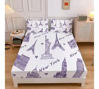 Sábana Bajera Ajustable De Monumentos De Nueva York 90X190Cm, Juego De Ropa De Cama De Dibujo Minimalista A Mano, Violeta, Sábana Bajera De Set (Sin Sábanas Encimera) Microfibra Suave Lavable