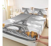 Sábana bajera ajustable de Torre Eiffel, tamaño doble, juego de ropa de cama moderno de estilo francés de París, 3 piezas, para niños y niñas, hojas de arce otoñales, sábana de bolsillo profundo, 2