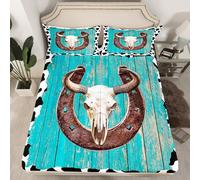 Sábana bajera ajustable de vaquero occidental tamaño S, diseño de cráneo de toro herradura funda de colchón para niños y niños, rústica granja tabla leche vaca impresión microfibra funda nórdica (1