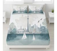 Sábana bajera ajustable de viaje de ciudad, 180 x 200 x 30 cm, 3 piezas, diseño de ciudad tranquila, arquitectura, velero, juego de sábanas para niños, adolescentes y adultos, suave microfibra