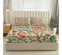 Sábana Bajera Ajustable Decorativa 150x200 cm de Microfibra Suave con patrón de Retro Granada Flores, elástico en el Borde, para colchones de hasta 30 cm de Altura, Beige