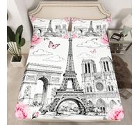Sábana bajera ajustable, diseño de la Torre Eiffel, decoración de arquitectura francesa, para niños, niñas y mujeres, funda de cama romántica con 1 funda de almohada (sin sábana encimera), tamaño