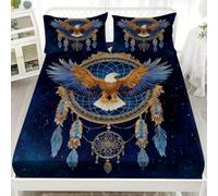 Sábana Bajera Ajustable Elástica 160x200 cm AtrapasueñOs Cielo Estrellado áGuila Calva Transpirable Suave Microfibra Juego de Ropa de Cama Azul Bolsillo Profundo 30 cm, Protector de Colchón
