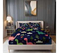 Sábana Bajera Ajustable Estampada Lindos Dinosaurios Dibujos Animados Corazones - Azul Grisáceo Oscuro Microfibra Suave 30 cm Bolsillo Profundo, Lavable a Máquina para Niños Adultos, 135 x 190 cm