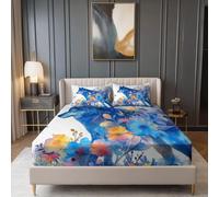 Sábana Bajera Ajustable Estampada Lobo Animado En Acuarela Flores - Azul Microfibra Suave 30 cm Bolsillo Profundo, Lavable a Máquina para Niños Adolescentes Adultos, 135 x 190 cm