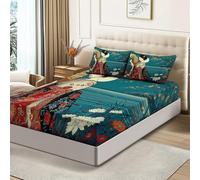 Sábana Bajera Ajustable Estilo japonés niña Abanico Plegable Verde, Juego de Cama Microfibra Transpirable, Bordes 30 cm, Antiarrugas, Incluye 2 Fundas de Almohada,135 x 190