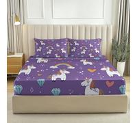 Sábana Bajera Ajustable Incl 2 Fundas Almohada 50x75 CM,Sábana Bajera 90 x 200 cm 3 Piezas - Púrpura Bajera Ajustable Microfibra Estampado de Unicornio Corazón Dibujos Animados