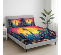 Sabana Bajera Ajustable para Cama 105 - Sabana Suave y Cómodo Retro Sol Ciudad Brillante EI tamaño es 105 x 190 x 30 cm - Colchón de 30cm de Altura - Multicolor Hoja