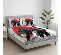 Sabana Bajera Ajustable para Cama 120|135 - Sabana Suave y Cómodo Cómic Gato Monstruo Ciudad Sol EI tamaño es 135 x 200 x 30 cm - Colchón de 30cm de Altura - Blanc Hoja