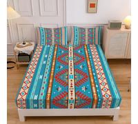 Sábana Bajera Ajustable para Cama 180, Sabana Microfibra Suave Patrón Abstracto Geométrico Nacional Rombo 180x200cm para Colchón de 30cm de Altura Azul Turquesa