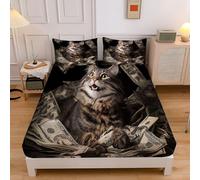 Sábana Bajera Ajustable para Cama 180, Sabana Microfibra Suave Patrón Lindo Divertido Animal Felicidad Gatos Dinero 180x200cm para Colchón de 30cm de Altura Negro