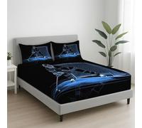 Sábana Bajera Ajustable para Cama 80|90 - Sabana Suave y Cómodo Minimalista Hockey sobre Hielo GOL Atleta El tamaño es 90 x 200 x 30 cm - Colchón de 30cm de Altura - Negro Azul Hoja