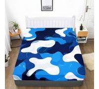 Sábana bajera ajustable para cama de matrimonio con estampado de arte abstracto, microfibra azul y blanco, diseño de camuflaje líquido, suave, transpirable, resistente a la decoloración, bolsillo